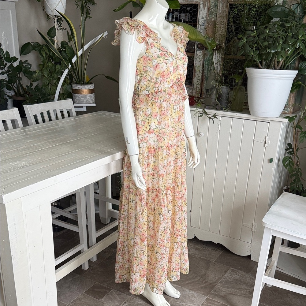 Suzy Shier sleeveless Pastel Floral Ruffle Maxi Dress NWOT XS